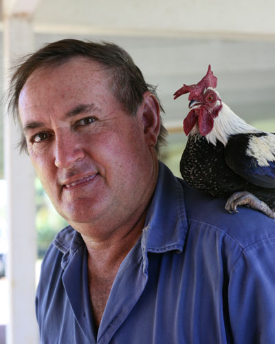 Eric with Leon the rooster on his shoulder Eric with Leon the rooster on his shoulder